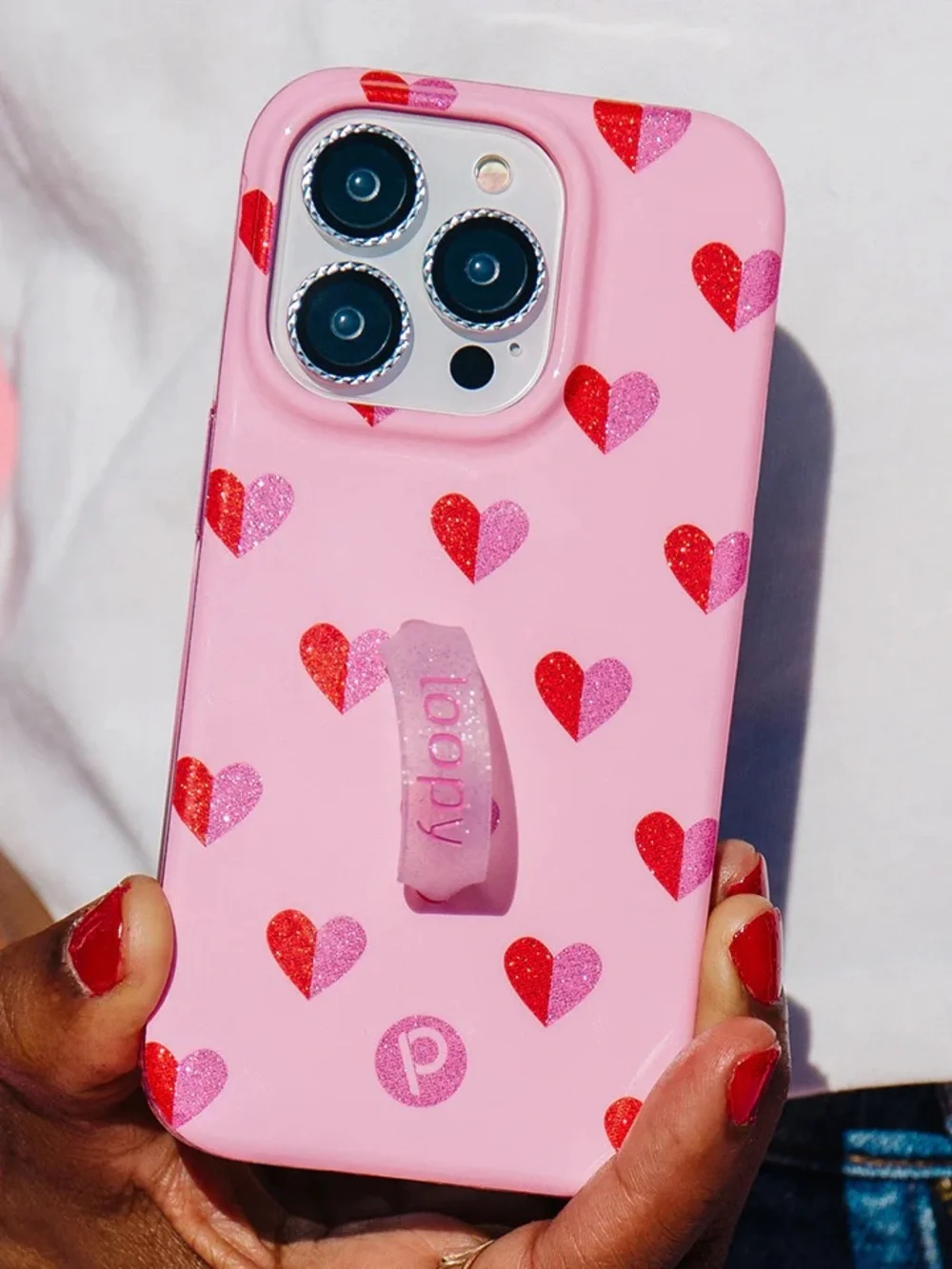 Loopy iPhone 15 Pro Phone Case - Pink & Red Hearts